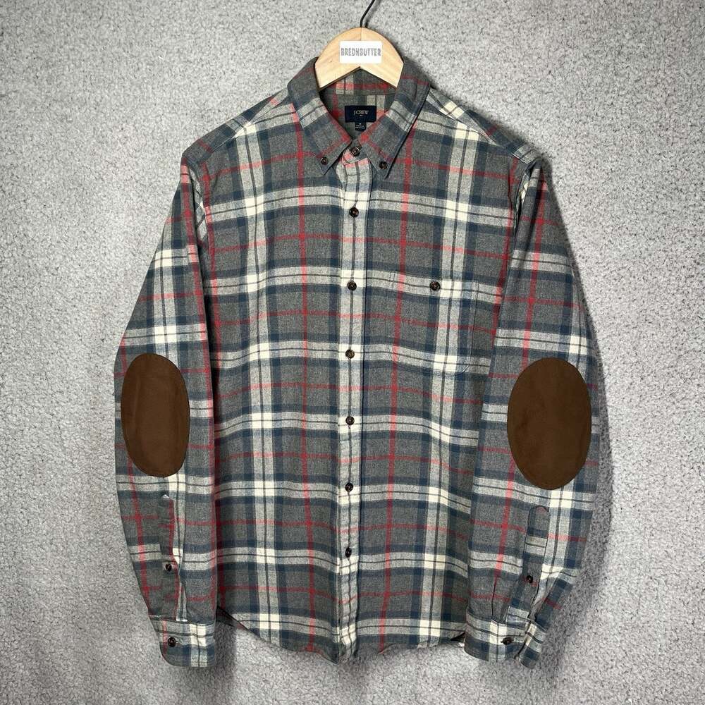 J Crew Shirt Mens M Gray Plaid Suede Elbow Patch Button Up Long Sleeve Flannel